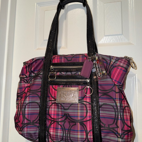 Coach Handbags - Coach/ Poppy Plaid Tote Bag - Pink and Black